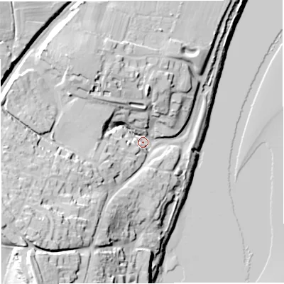 Shaded relief map of the ground around GL141DN, computed from Environment Agency LiDAR. The ground here sits at about 10 m above sea level and falls 42 m across the surrounding 800 m. Surface water reaching this point runs off ground lying to the west-south-west, 34.9 m higher.