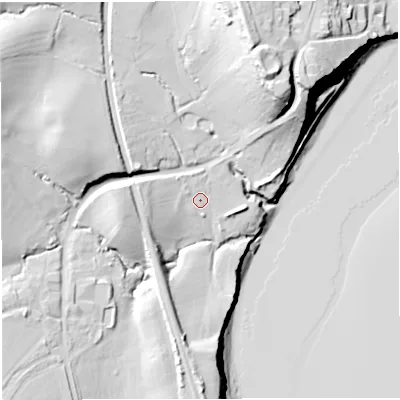 Shaded relief map of the ground around GL141DS, computed from Environment Agency LiDAR. The ground here sits at about 15 m above sea level and falls 42 m across the surrounding 800 m. Surface water reaching this point runs off ground lying to the west, 10.0 m higher.