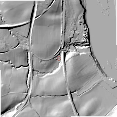 Shaded relief map of the ground around GL141EB, computed from Environment Agency LiDAR. The ground here sits at about 13 m above sea level and falls 35 m across the surrounding 800 m. Surface water reaching this point runs off ground lying to the north-west, 26.0 m higher.