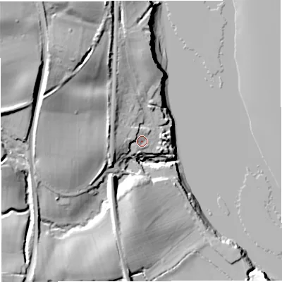 Shaded relief map of the ground around GL141ED, computed from Environment Agency LiDAR. The ground here sits at about 14 m above sea level and falls 37 m across the surrounding 800 m. Surface water reaching this point runs off ground lying to the west-north-west, 6.7 m higher.