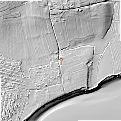 Shaded relief map of the ground around GL141EP, computed from Environment Agency LiDAR. The ground here sits at about 11 m above sea level and falls 21 m across the surrounding 800 m. Surface water reaching this point runs off ground lying to the south-south-west, 2.4 m higher.