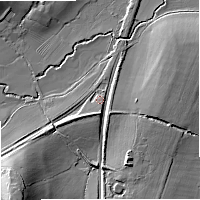 Shaded relief map of the ground around GL141ES, computed from Environment Agency LiDAR. The ground here sits at about 14 m above sea level and falls 24 m across the surrounding 800 m. Surface water reaching this point runs off ground lying to the south, 3.5 m higher.