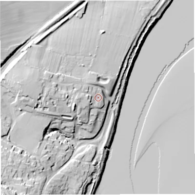 Shaded relief map of the ground around GL141FD, computed from Environment Agency LiDAR. The ground here sits at about 17 m above sea level and falls 36 m across the surrounding 800 m. Surface water reaching this point runs off ground lying to the west, 7.5 m higher.