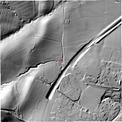 Shaded relief map of the ground around GL141HQ, computed from Environment Agency LiDAR. The ground here sits at about 26 m above sea level and falls 52 m across the surrounding 800 m. Surface water reaching this point runs off ground lying to the south-west, 35.4 m higher.