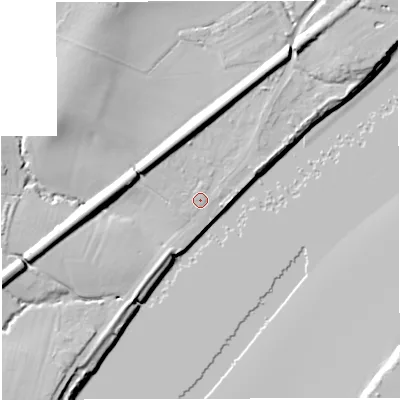 Shaded relief map of the ground around GL141JB, computed from Environment Agency LiDAR. The ground here sits at about 10 m above sea level and falls 17 m across the surrounding 800 m. Surface water reaching this point runs off ground lying to the west-north-west, 6.7 m higher.