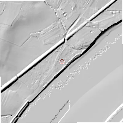 Shaded relief map of the ground around GL141JD, computed from Environment Agency LiDAR. The ground here sits at about 10 m above sea level and falls 16 m across the surrounding 800 m. Surface water reaching this point runs off ground lying to the west-north-west, 1.9 m higher.