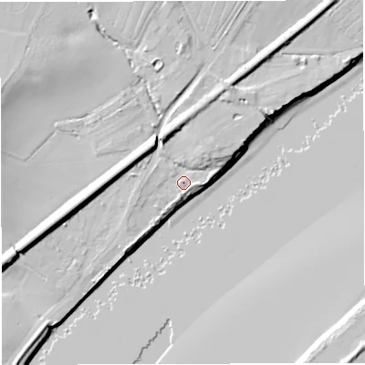 Shaded relief map of the ground around GL141JE, computed from Environment Agency LiDAR. The ground here sits at about 10 m above sea level and falls 16 m across the surrounding 800 m. Surface water reaching this point runs off ground lying to the north-west, 10.1 m higher.