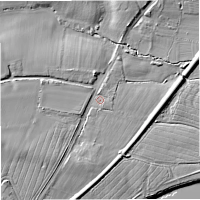 Shaded relief map of the ground around GL141JG, computed from Environment Agency LiDAR. The ground here sits at about 12 m above sea level and falls 15 m across the surrounding 800 m. Surface water reaching this point runs off ground lying to the west-south-west, 6.3 m higher.