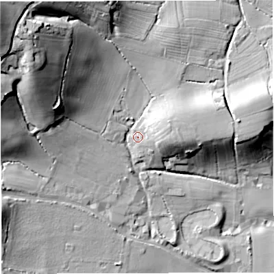Shaded relief map of the ground around GL141JJ, computed from Environment Agency LiDAR. The ground here sits at about 35 m above sea level and falls 60 m across the surrounding 800 m. Surface water reaching this point runs off ground lying to the north-west, 44.3 m higher.