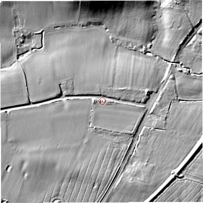 Shaded relief map of the ground around GL141JQ, computed from Environment Agency LiDAR. The ground here sits at about 14 m above sea level and falls 16 m across the surrounding 800 m. Surface water reaching this point runs off ground lying to the west, 6.9 m higher.
