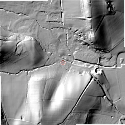 Shaded relief map of the ground around GL141JR, computed from Environment Agency LiDAR. The ground here sits at about 41 m above sea level and falls 68 m across the surrounding 800 m. Surface water reaching this point runs off ground lying to the south-west, 58.3 m higher.