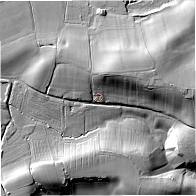 Shaded relief map of the ground around GL141JW, computed from Environment Agency LiDAR. The ground here sits at about 29 m above sea level and falls 28 m across the surrounding 800 m. Surface water reaching this point runs off ground lying to the north-north-east, 14.9 m higher.