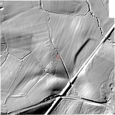 Shaded relief map of the ground around GL141LR, computed from Environment Agency LiDAR. The ground here sits at about 19 m above sea level and falls 16 m across the surrounding 800 m. Surface water reaching this point runs off ground lying to the north-west, 3.3 m higher.