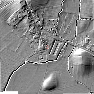 Shaded relief map of the ground around GL141PD, computed from Environment Agency LiDAR. The ground here sits at about 10 m above sea level and falls 12 m across the surrounding 800 m. Surface water reaching this point runs off ground lying to the north-north-west, 2.3 m higher.