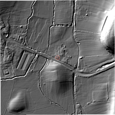 Shaded relief map of the ground around GL141PE, computed from Environment Agency LiDAR. The ground here sits at about 10 m above sea level and falls 33 m across the surrounding 800 m. Surface water reaching this point runs off ground lying to the east-south-east, 2.3 m higher.