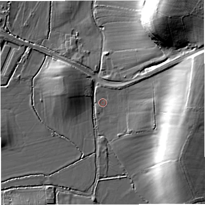 Shaded relief map of the ground around GL141PF, computed from Environment Agency LiDAR. The ground here sits at about 10 m above sea level and falls 33 m across the surrounding 800 m. Surface water reaching this point runs off ground lying to the east-north-east, 24.4 m higher.