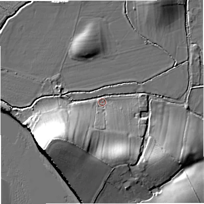 Shaded relief map of the ground around GL141PG, computed from Environment Agency LiDAR. The ground here sits at about 9 m above sea level and falls 27 m across the surrounding 800 m. Surface water reaching this point runs off ground lying to the south-west, 21.3 m higher.
