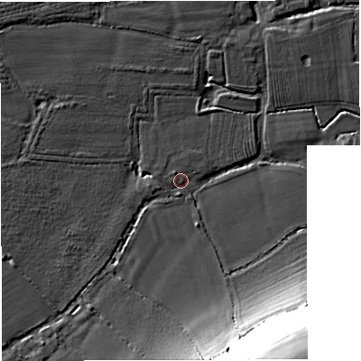 Shaded relief map of the ground around GL141PH, computed from Environment Agency LiDAR. The ground here sits at about 10 m above sea level and falls 37 m across the surrounding 800 m. Surface water reaching this point runs off ground lying to the south-south-east, 16.8 m higher.
