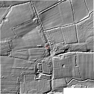 Shaded relief map of the ground around GL141PJ, computed from Environment Agency LiDAR. The ground here sits at about 10 m above sea level and falls 6 m across the surrounding 800 m. Surface water reaching this point runs off ground lying to the west, 3.1 m higher.