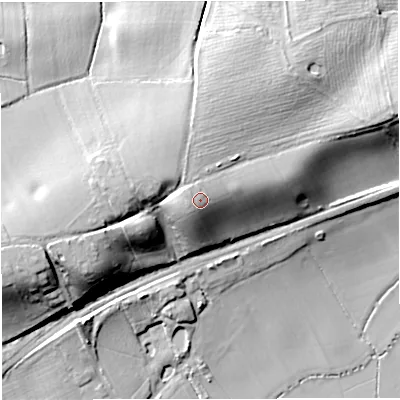 Shaded relief map of the ground around GL141PL, computed from Environment Agency LiDAR. The ground here sits at about 31 m above sea level and falls 27 m across the surrounding 800 m. Surface water reaching this point runs off ground lying to the west-north-west, 1.0 m higher.