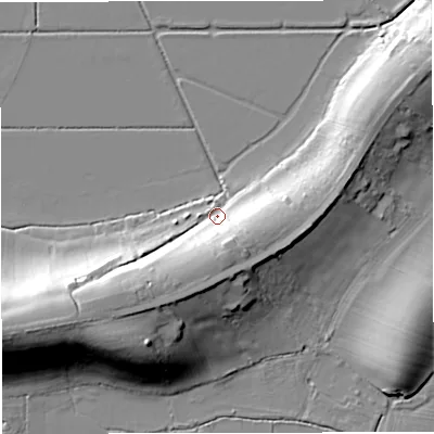 Shaded relief map of the ground around GL141PN, computed from Environment Agency LiDAR. The ground here sits at about 10 m above sea level and falls 26 m across the surrounding 800 m. Surface water reaching this point runs off ground lying to the south-west, 19.0 m higher.