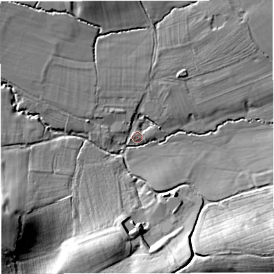 Shaded relief map of the ground around GL141PR, computed from Environment Agency LiDAR. The ground here sits at about 20 m above sea level and falls 29 m across the surrounding 800 m. Surface water reaching this point runs off ground lying to the west-south-west, 26.5 m higher.