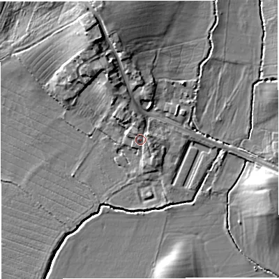 Shaded relief map of the ground around GL141PS, computed from Environment Agency LiDAR. The ground here sits at about 11 m above sea level and falls 12 m across the surrounding 800 m. Surface water reaching this point runs off ground lying to the east-north-east, 1.8 m higher.