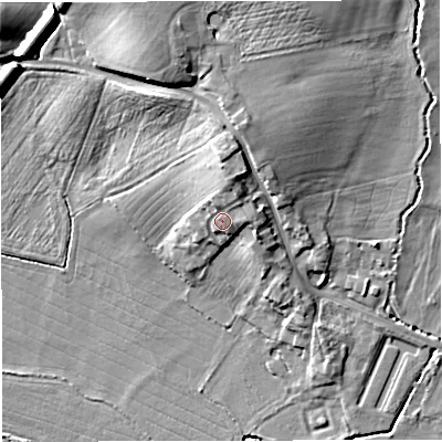 Shaded relief map of the ground around GL141PU, computed from Environment Agency LiDAR. The ground here sits at about 14 m above sea level and falls 13 m across the surrounding 800 m. Surface water reaching this point runs off ground lying to the north, 4.9 m higher.