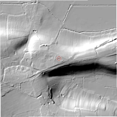 Shaded relief map of the ground around GL141QR, computed from Environment Agency LiDAR. The ground here sits at about 32 m above sea level and falls 32 m across the surrounding 800 m. Surface water reaching this point runs off ground lying to the south-east, 1.8 m higher.