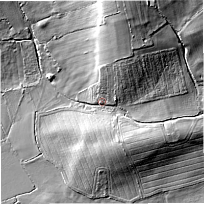 Shaded relief map of the ground around GL141QU, computed from Environment Agency LiDAR. The ground here sits at about 14 m above sea level and falls 28 m across the surrounding 800 m. Surface water reaching this point runs off ground lying to the north-north-east, 17.5 m higher.