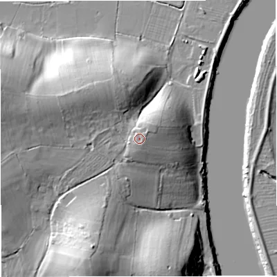 Shaded relief map of the ground around GL141QX, computed from Environment Agency LiDAR. The ground here sits at about 23 m above sea level and falls 32 m across the surrounding 800 m. Surface water reaching this point runs off ground lying to the east-north-east, 2.2 m higher.