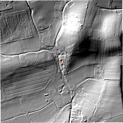 Shaded relief map of the ground around GL141QY, computed from Environment Agency LiDAR. The ground here sits at about 13 m above sea level and falls 31 m across the surrounding 800 m. Surface water reaching this point runs off ground lying to the north-north-east, 26.6 m higher.
