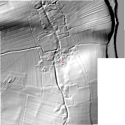 Shaded relief map of the ground around GL141QZ, computed from Environment Agency LiDAR. The ground here sits at about 10 m above sea level and falls 25 m across the surrounding 800 m. Surface water reaching this point runs off ground lying to the south-east, 14.4 m higher.