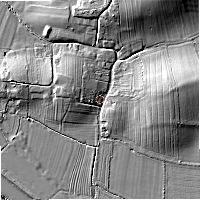 Shaded relief map of the ground around GL141RA, computed from Environment Agency LiDAR. The ground here sits at about 9 m above sea level and falls 17 m across the surrounding 800 m. Surface water reaching this point runs off ground lying to the north-north-east, 14.4 m higher.
