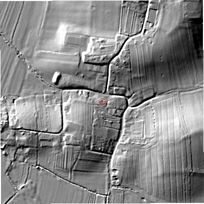 Shaded relief map of the ground around GL141RB, computed from Environment Agency LiDAR. The ground here sits at about 10 m above sea level and falls 22 m across the surrounding 800 m. Surface water reaching this point runs off ground lying to the south-west, 4.0 m higher.
