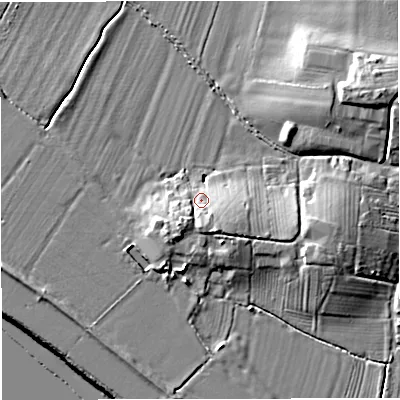 Shaded relief map of the ground around GL141RD, computed from Environment Agency LiDAR. The ground here sits at about 10 m above sea level and falls 14 m across the surrounding 800 m. Surface water reaching this point runs off ground lying to the south-south-east, 3.7 m higher.