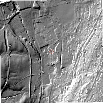 Shaded relief map of the ground around GL142JA, computed from Environment Agency LiDAR. The ground here sits at about 143 m above sea level and falls 63 m across the surrounding 800 m. Surface water reaching this point runs off ground lying to the east, 8.9 m higher.