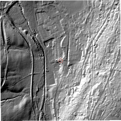 Shaded relief map of the ground around GL142JE, computed from Environment Agency LiDAR. The ground here sits at about 145 m above sea level and falls 66 m across the surrounding 800 m. Surface water reaching this point runs off ground lying to the north-east, 6.6 m higher.