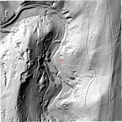 Shaded relief map of the ground around GL142UB, computed from Environment Agency LiDAR. The ground here sits at about 74 m above sea level and falls 119 m across the surrounding 800 m. Surface water reaching this point runs off ground lying to the east-north-east, 51.7 m higher.