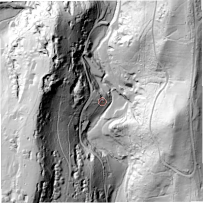 Shaded relief map of the ground around GL142UD, computed from Environment Agency LiDAR. The ground here sits at about 74 m above sea level and falls 112 m across the surrounding 800 m. Surface water reaching this point runs off ground lying to the north-west, 30.5 m higher.