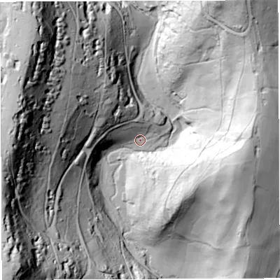 Shaded relief map of the ground around GL142UF, computed from Environment Agency LiDAR. The ground here sits at about 55 m above sea level and falls 109 m across the surrounding 800 m. Surface water reaching this point runs off ground lying to the north-west, 101.3 m higher.