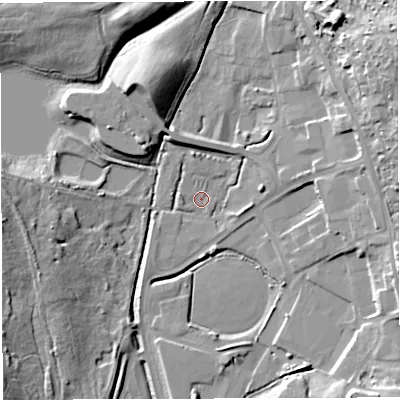 Shaded relief map of the ground around GL142YE, computed from Environment Agency LiDAR. The ground here sits at about 152 m above sea level and falls 26 m across the surrounding 800 m. Surface water reaching this point runs off ground lying to the north-east, 20.7 m higher.