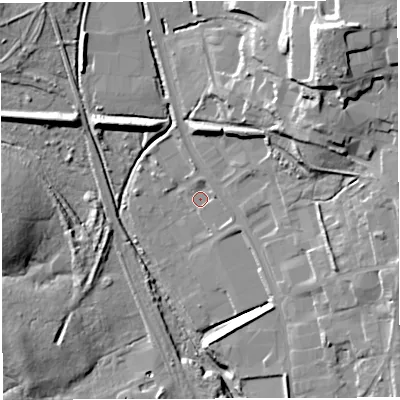Shaded relief map of the ground around GL142YG, computed from Environment Agency LiDAR. The ground here sits at about 146 m above sea level and falls 30 m across the surrounding 800 m. Surface water reaching this point runs off ground lying to the east-north-east, 2.9 m higher.