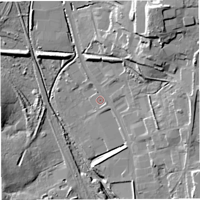 Shaded relief map of the ground around GL142YH, computed from Environment Agency LiDAR. The ground here sits at about 147 m above sea level and falls 30 m across the surrounding 800 m. Surface water reaching this point runs off ground lying to the east-north-east, 2.1 m higher.