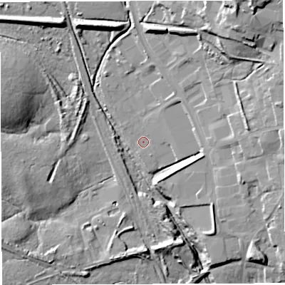 Shaded relief map of the ground around GL142YJ, computed from Environment Agency LiDAR. The ground here sits at about 145 m above sea level and falls 28 m across the surrounding 800 m. Surface water reaching this point runs off ground lying to the east-north-east, 4.7 m higher.
