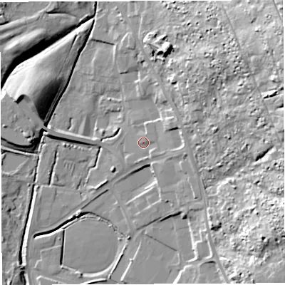 Shaded relief map of the ground around GL142YT, computed from Environment Agency LiDAR. The ground here sits at about 157 m above sea level and falls 47 m across the surrounding 800 m. Surface water reaching this point runs off ground lying to the east, 1.8 m higher.