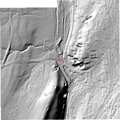 Shaded relief map of the ground around GL143EZ, computed from Environment Agency LiDAR. The ground here sits at about 136 m above sea level and falls 63 m across the surrounding 800 m. Surface water reaching this point runs off ground lying to the north-east, 56.8 m higher.