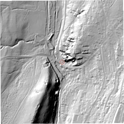 Shaded relief map of the ground around GL143HA, computed from Environment Agency LiDAR. The ground here sits at about 136 m above sea level and falls 69 m across the surrounding 800 m. Surface water reaching this point runs off ground lying to the north-east, 62.0 m higher.