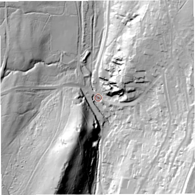 Shaded relief map of the ground around GL143HB, computed from Environment Agency LiDAR. The ground here sits at about 134 m above sea level and falls 67 m across the surrounding 800 m. Surface water reaching this point runs off ground lying to the north-east, 60.5 m higher.