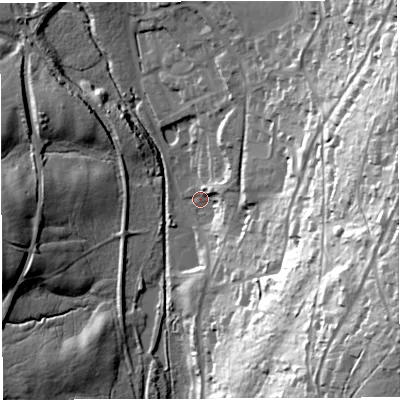 Shaded relief map of the ground around GL143HG, computed from Environment Agency LiDAR. The ground here sits at about 139 m above sea level and falls 63 m across the surrounding 800 m. Surface water reaching this point runs off ground lying to the east-south-east, 58.7 m higher.
